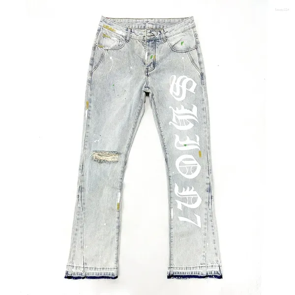 Jeans para hombres High Street Man's Y2k Baggy Letter Print Open Hem Flared Denim Pantalones pesados rasgados en la rodilla Pantalones masculinos