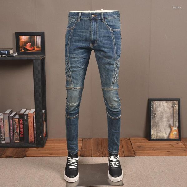 Jeans pour hommes High Street Men's Personality Splice Fashion Brand Retro Motorcycle Pants