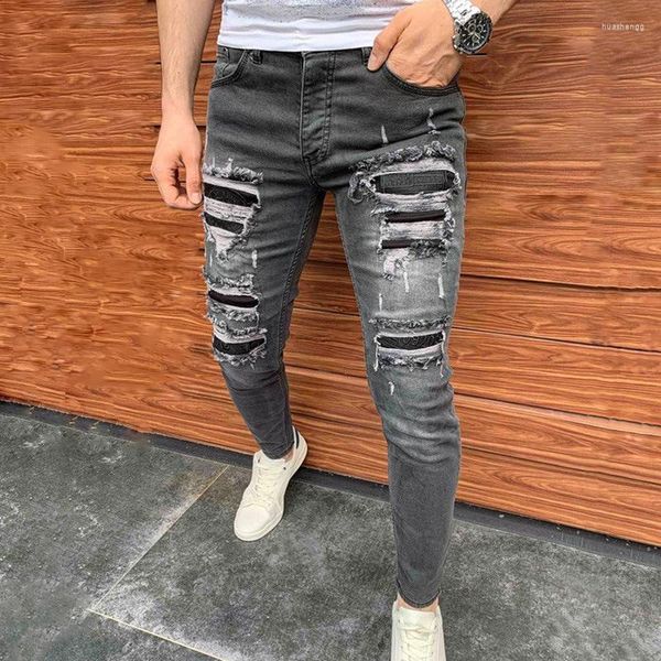 Jeans para hombres High Street Men's Skinny Slim Fit Ripped Stretch Designer Man Hole Patchwork Biker Casual Jogger Denim Lápiz Pantalones
