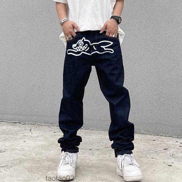 Jeans para hombres High Street Men Flying Dog Estampado Sso suelto Pantra de mezclilla casual Vintage Harajuku pantalones lavados Hip Hop Streetwear Male39bm