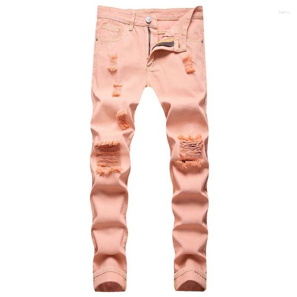 Jeans para hombres High Street Men Pink Ripped Loose Denim Pantalones Casual Straight Frayed para hombre Tamaño grande 42