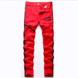 Men's Jeans High street mens straight hole torn jeans Distressed denim pants fashionable hip-hop zippers designer white red cotton Q240509