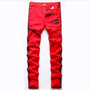 Heren jeans high street heren rechte gat gescheurde jeans noodlijdende denim broek modieuze hiphop riters ontwerper wit rood katoen Q240509