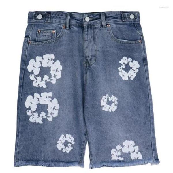 Pantalones vaqueros para hombres High Street de gran tamaño floral corto streetwear lavado flor impresa pantalones cortos de mezclilla para pantalones de verano masculinos