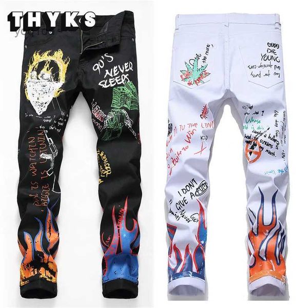 Pantalones vaqueros para hombre Pantalones vaqueros con estampado de Graffiti para hombre, pantalones deportivos ajustados holgados de Hip-hop Harajuku, pantalones vaqueros negros largos rectos de tendencia informal para hombre L231210