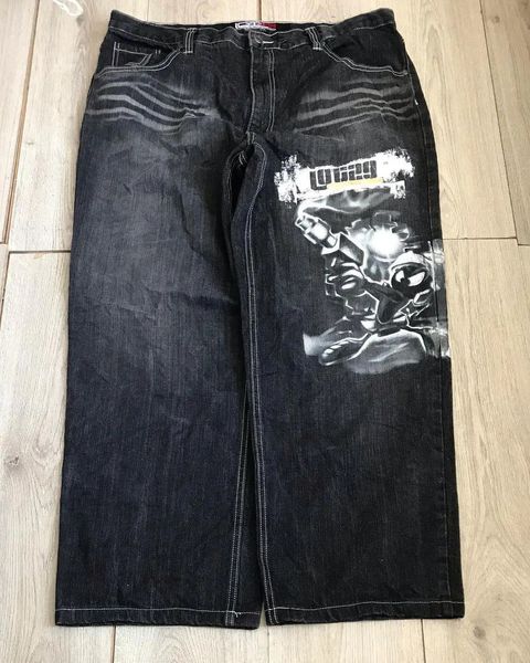 Men's Jeans High Street Retro Cartoon Print American Low-Waist Black Jeans Harajuku Punk Straight-Leg Pantal