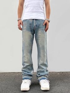 Jeans pour hommes High Street Rétro En détresse Bord Rugueux Jambe Droite Avec Lâche Lavé Micro Évasé Polyvalent Pantalons Longs Hommes