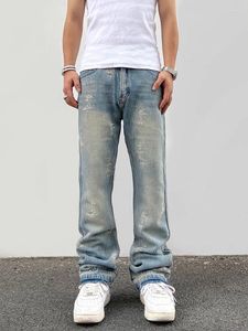 Jeans para hombres High Street Retro Distressed Borde áspero Pierna recta con pantalones largos versátiles lavados sueltos micro acampanados Hombres