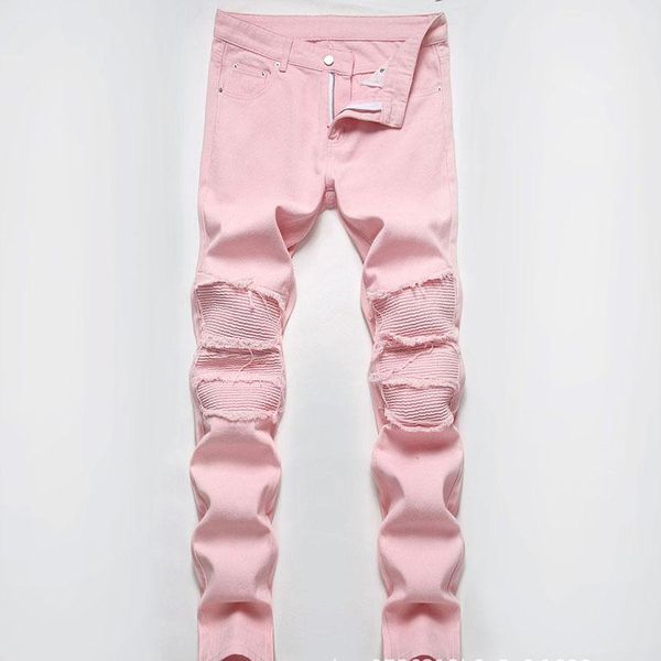 Pantalones vaqueros de hombre High Street Ripped Patch Pink Primavera Verano Casual Bigotes Pantalones de mezclilla rectos para hombre