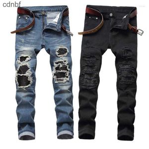 Jeans para hombres High Street Ripped Skinny Men Black Stretch Patch Cuero Denim Pantalones Azul Slim Lápiz Pantalones Men's2480