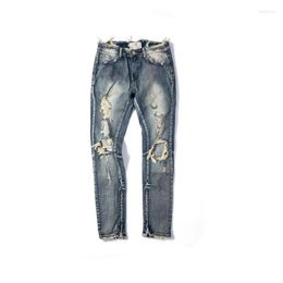 Jeans para hombres High Street Ripped Zip Cordón Moda Agujeros desgastados Pantalones de mezclilla lavados Pantalones delgados elásticos Masculino