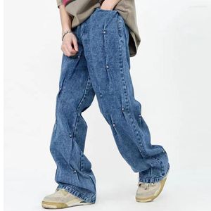 Heren Jeans High Street Klinknagel Geplooid Gewassen Retro En Dames Recht Effen Baggy Casual Y2K Cargo Broek Losse Denim Broek