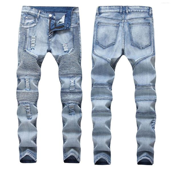 Jeans pour hommes High Street Rayé Trous Plissé Slim Fit Pantalon Vintage Bleu Hip Hop Mâle Crayon Droit Denim Pantalon