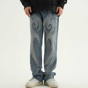 Jeans pour hommes High Street Solid Color Patchwork Broderie Casual Denim Pantalons Hommes et Femmes Taille Élastique Lâche Jeans Pantalon Streetwear Z0225