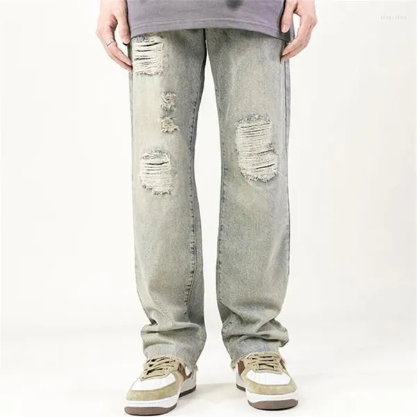 Jeans pour hommes High Street Couleur unie Trou de lavage Ourlet fourré Pantalon droit Poche à boutons Pantalon ample Y2K A163