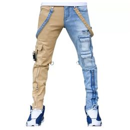 Мужские джинсы High Street, прямые комбинезоны, мужские большие размеры в стиле хип-хоп, желто-синие джинсовые брюки, модные мужские повседневные брюки Jean289G