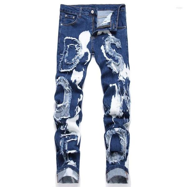 Jeans pour hommes High Street Stretch Lettre Broderie Patch Mens Ripped Streetwear Punk Style Denim Pantalon Slim Mode Petits pieds