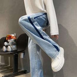 Heren jeans high street sfeer Amerikaanse broek mannelijke minderheid ontwerp sense splicing jeans overlappende strepen vloer lengte recht 230222