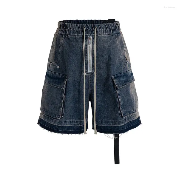 Jeans para hombres High Street Vintage Hip Hop Short Streetwear Retro Cargo Denim Shorts con bolsillos Lavado Elástico Cintura