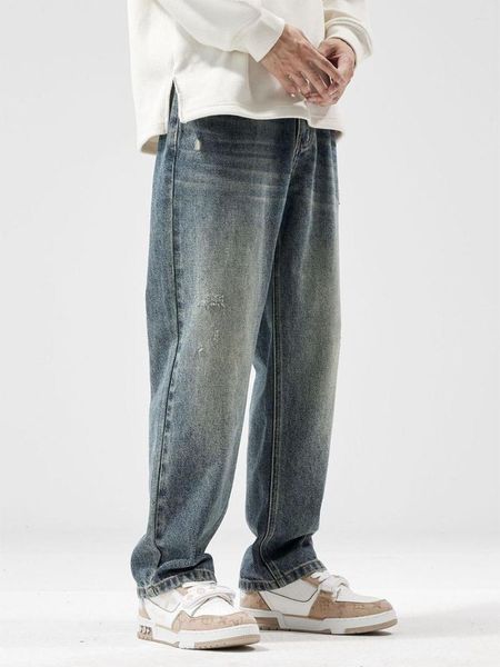Jeans pour hommes High Street Lavé Vieux Hommes Automne Hiver Multi-poche Lâche Droite Pantalon À Fermeture Éclair Décontracté Grande Taille Pantalon Long