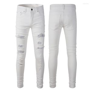 Jeans masculin High Street White Fashion Hole Patch élastique Slim Fit plissé plissé Skinny Am Brand Denim Talers Qualité