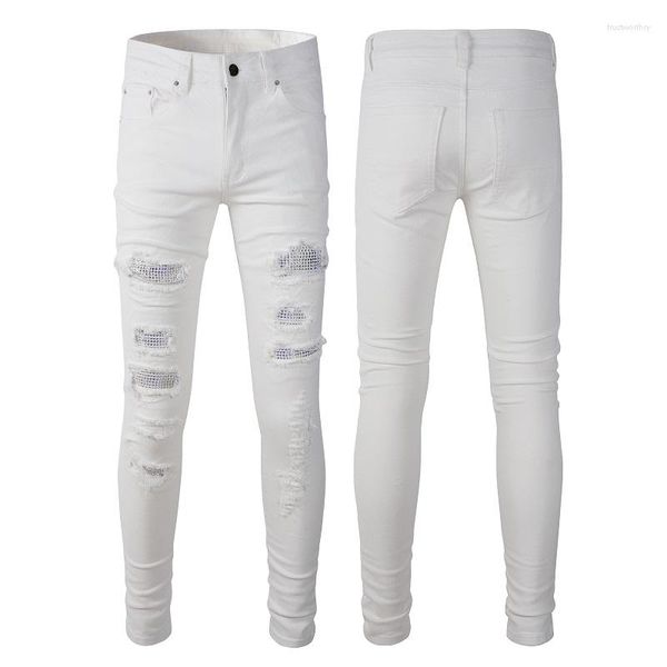 Jeans masculin High Street White Fashion Hole Patch élastique Slim Fit plissé plissé Skinny Am Brand Denim Talers Qualité