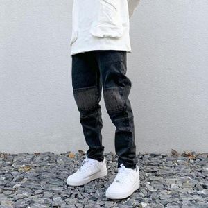 Pantalones vaqueros de calle para hombre, color blanco, hasta la rodilla, plisados, rayas verticales, ajuste elástico, ajustados, informales, pantalones de pierna pequeña, ropa ajustada para hombre