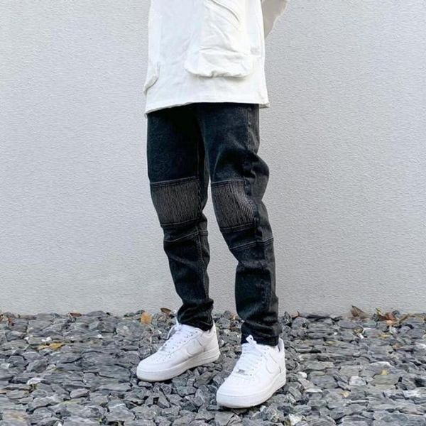 Jeans pour hommes High Street Blanc Genou Plissée À Rayures Verticales Coupe Élastique Maigre Mâle Décontracté Petite Jambe Pantalon Mince Vêtements Pour Hommes