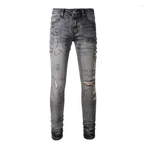 Jeans pour hommes High Street Y2K Pantalon en denim Trou cassé Patché Imprimer Slim Fit Petits pieds Tendance Crayon de qualité pour hommes