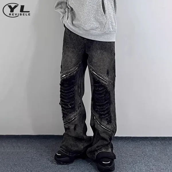 Jeans pour hommes High Street Zipper Design Man Woman Gothic Hole Harajuku Pantalon denim de jambe large Hip Hop Spring Automne Punk pantalon droit