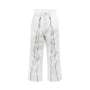 Jeans pour hommes High Street Zipper Épissé Denim Homme Trou Lâche Blanc Couleur Unie Droite Jambe Large Pantalon Décontracté Quatre Saisons