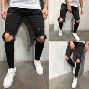 Jeans voor heren Hoge streetwear heren Knie met gaten Decor Zwarte jeans met ritssluiting Slim Fit Elasticiteit Skinny gescheurde broek Voorwaarts Jeans voor heren X0621 L230918