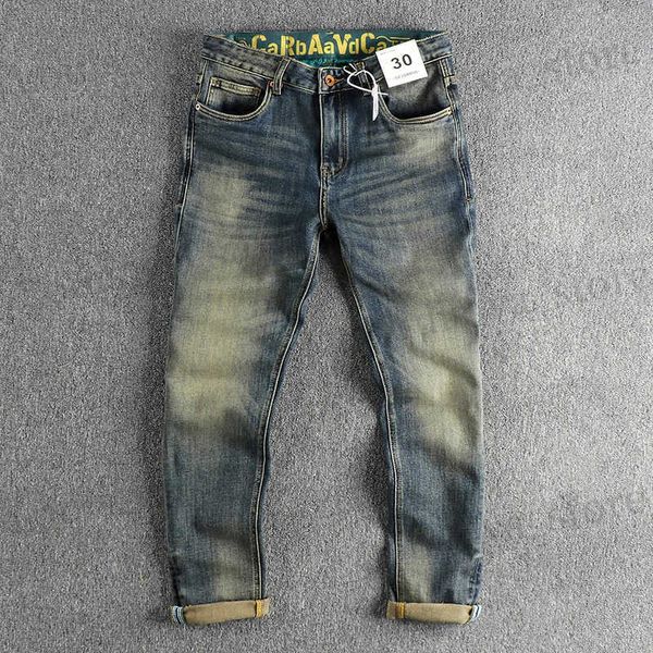 Jeans masculin High Strt Heavy Vintage Blue Water Lavage Old Jeans Men Hommes ajuste la petite tendance droite Pantalon Long Pantalon T240409