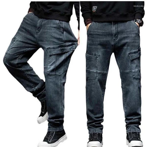 Jeans pour hommes taille haute hommes étirés lâche droite grand homme denim pantalon élastique taille surdimensionnée pantalon