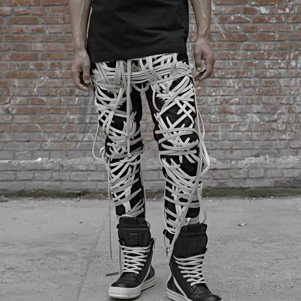 Jeans masculin High Wear / Men's Street Patchwork Strings Bandage Pantalon de la taille masculine Pantalon Slim Casual Slim 2024 Streetwear Fashion Tide