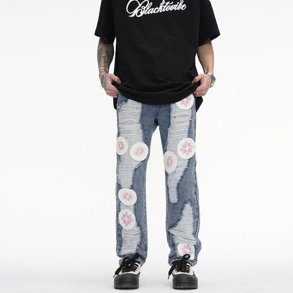 Jeans pour hommes Hip Hop grand détruit droit déchiré pour hommes femmes mode broderie Patchwork jambe Jean pantalon lavé déchiré