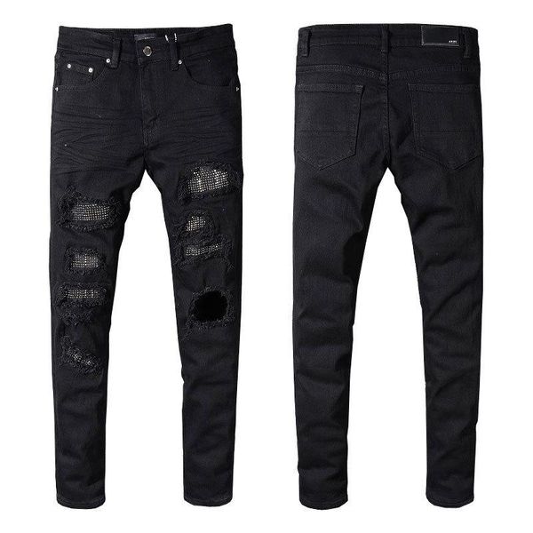 Jeans pour hommes Hip Hop Noir Slim Skinny Cristal Strass Patchwork Ripped Mode Patch Stretch Moto Denim Pantalon