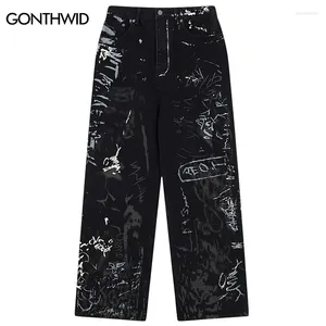 Jeans pour hommes Hip Hop Noir Y2K Hommes Graffiti Imprimer Droite Large Baggy Lâche Denim Pantalon Streetwear 2024 Harajuku Mode Punk Pantalon
