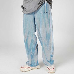 Jeans pour hommes Hip Hop Casual Pantalon Jean Hommes Harajuku Tie Dye Imprimer Baggy Denim Pantalon Mode Baggy Pantalon Bleu Clair Automne Streetwear Mâle T221102