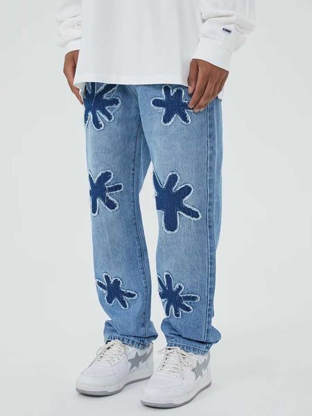 Jeans masculin hip hop chinois chic de marque de marque de marque en détresse américaine pantalon de la jambe polyvalente contraste de couleur