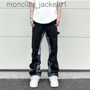Jeans pour hommes Hip Hop contraste couleur épissure peinture à l'encre mouchetée Micro jean évasé pour hommes droit Baggy Y2K Denim pantalon surdimensionné Cargos J231006