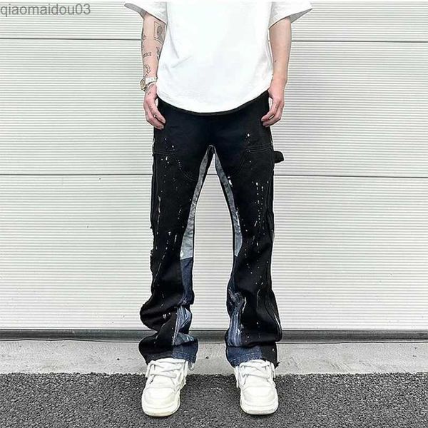 Jeans masculins Hip Hop Coumor Couleur épissée à l'encre spot Spray Micro Fared Jeans pour hommes Sac droit Y2K Tableau denim surdimensionné Cargol2404