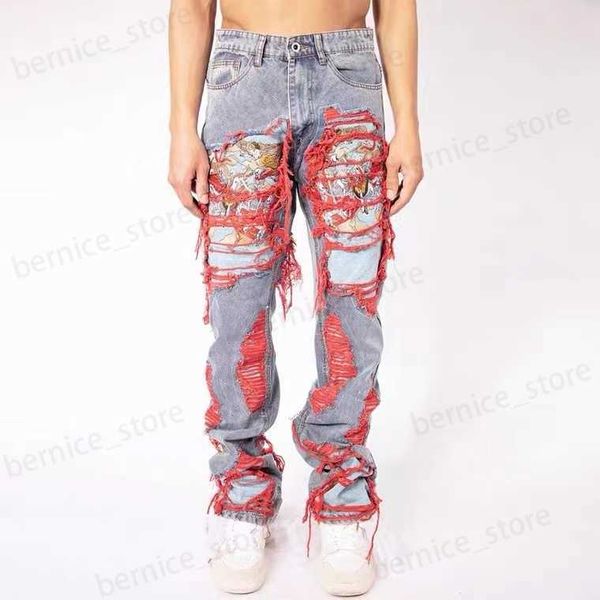Jeans para hombres Hip Hop Destroy Cepillado Bordado Baggy Jeans Pantalones de mezclilla de pierna recta casual para hombres Z230712