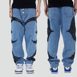 Jeans pour hommes Hip-Hop broderie cuir couture hommes rue lâche style américain contraste couleur pantalon mâle