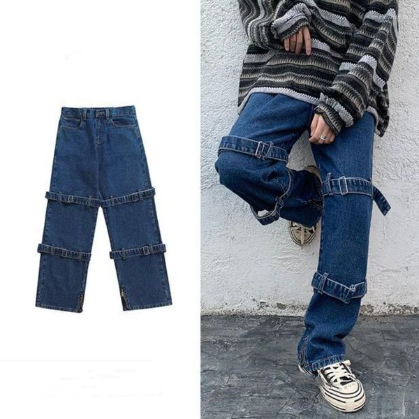Pantalones vaqueros para hombres Hip-hop High Street europeo y americano Estilo Y2k Correa de personalidad Pantalones sueltos rectos negros / azules