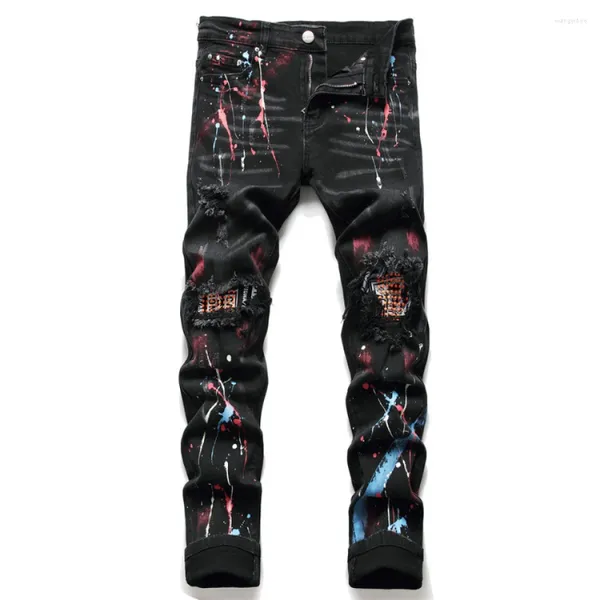 Jeans pour hommes Hip Hop Hold Mens Rivet Ripped Denim Pantalon Spray Imprimé Streetwear Slim Fit Designer Hommes Vêtements Punk