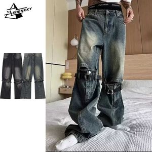 Herenjeans Hiphop-jeans met gaten voor heren, retro gradiënt rechte denimbroek, gewassen en versierd in koude streken. Broek Street Baggy uitlopende broek J240328