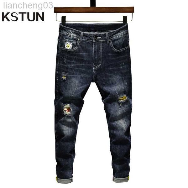 Jeans de hombre Hip Hop Jeans Hombres Elasticidad Azul oscuro Ripped Jeans para niños Slim Fit Moda Streetwear Pantalones Destroyed Man Jeans Patch Ropa W0413