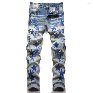 Hommes Jeans Hip Hop Hommes Denim Slim Fit Déchiré De Luxe Designer Harajuku Pantalon En Cuir Étoiles Patchwork Broderie Mendiant Pantalon