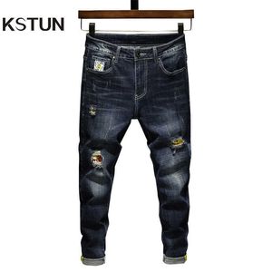 Jeans para hombres Hip Hop Hombres elasticidad azul oscuro raspada para niños pantalones de moda de moda